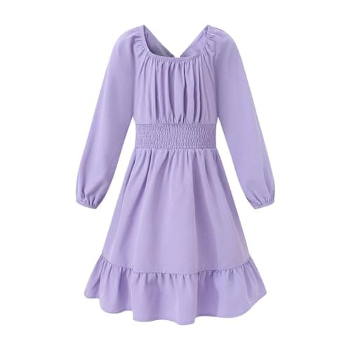 Little Bitty Girls Long Sleeve Chiffon Smocked Waist Tie Bow Back Dress,A-Line Square Neck Midi Dress with Pockets Lilac 6-7Y - Image 1