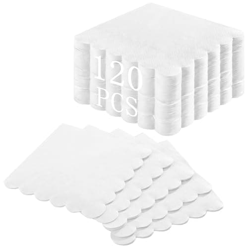 NatNarr 120 Pcs Cocktail Napkins Scalloped White Wedding Napkins Disposable Dessert Beverage Napkins for Wedding, Bridal Shower,Coffee Bar Dinner, 5 x 5 Inch - Image 1