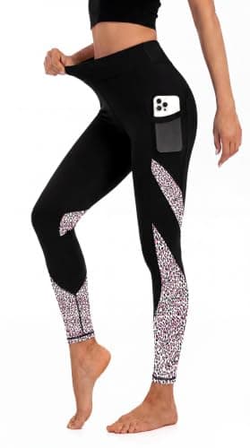 PEFYERVERY Women's High Waisted Yoga Leggings - Leopard Block Print Phone Pockets Tummy Control Workout Casual Pants Pink XXL - Image 1