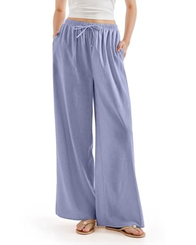 FLYSHEWIN Women Wide Leg Linen Pants with Pocket Casual Flowy Lounge High Waist Loose Palazzo Pants Summer Outfits Petite Trendy 2025 Beach Vacation Travel Outfits(Striped Blue,XS) - Image 1