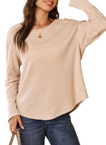 Dokotoo Womens Summer Tops for Women Oversized Waffle Knit Long Sleeve Casual Lightweight Sweatshirt Comfy Spring Fashion Outfits Clothes,X-Large Apricot - Image 1