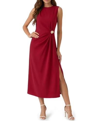 Wenrine Womens Sleeveless Ruched Maxi Dress Summer Casual Crewneck High Slit Back Zipper Long Dresses Burgundy - Image 1