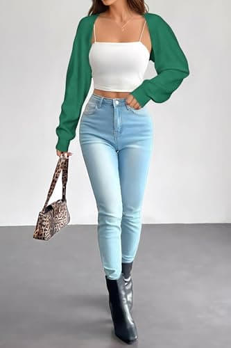 Arach&Cloz 2026 Spring Women's Bolero Shrug Fashion Ribbed Knit Cropped Cardigans Long Sleeves Drop Shoulder Open Front Wool Trendy Sweaters Summer Lightweight Casual Outfits Y2K Clothes Green XL - Thumbnail 5