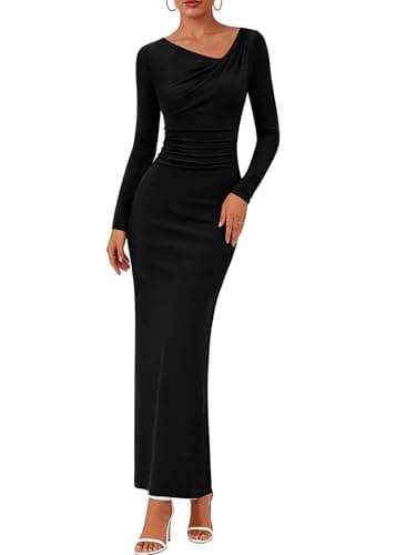 Lazysmile Women's Long Sleeve Asymmetrical Neck Bodycon Maxi Dress Back Slit Ruched Party Cocktail Wedding Guest Dressees Black - Image 1