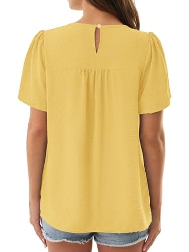 NORACORA Womens Summer Tops Crewneck Short Sleeve Shirts Casual Chiffon Boho Babydoll Blouses Flowy Lace Hem Boho Clothing Trendy 2026 Yellow L - Thumbnail 3