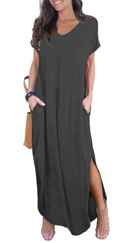 GRECERELLE Women's Summer Maxi Dress Casual Loose V Neck Short Sleeve Side Split Long Dresses with Functional Pockets Dark Gray - Image 1