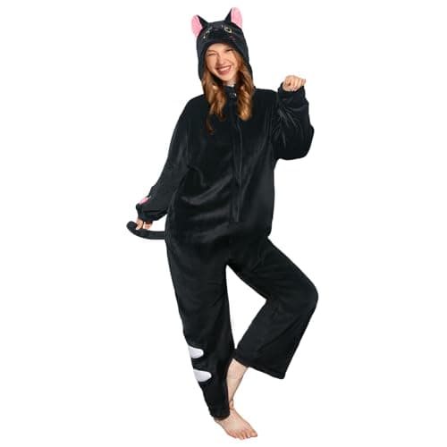 OLAOLA Black Cat Adult Onesie, Unisex Animal Onesies, Plush Cosplay Pajamas, One Piece Sleepwear Halloween Costume, Small - Image 1