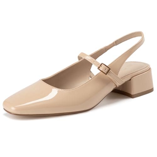 Athlefit Women's Closed Square Toe Mary Jane Heels Low Chunky Heel Slingback Dress Pumps Shoes for Work Wedding Party Nude, Size 9, SAPU2603W - Image 1