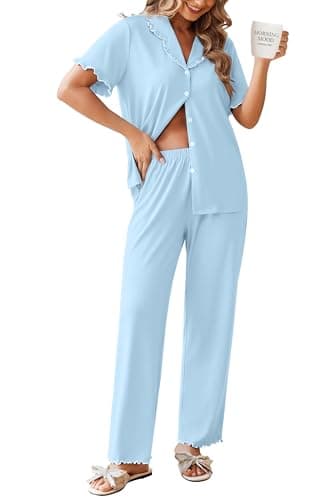 Ekouaer Womens Pajama Sets Ruffle Sleeve Printed PJs 2 Piece Button Down Sleepwear Comfy Loungewear with Pockets Light Blue XXL - Image 1