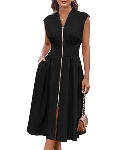 GRACE KARIN Black Dress for Women 2025 Summer Trendy Sleeveless Zipper Front V Neck Smocked Waist Knee Length Dress XL - Image 1