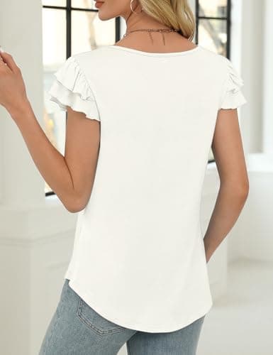 NORACORA Women's Summer Tops Ruffle Short Sleeve T Shirts Crewneck Loose Fit Blouses Dressy Casual Spring 2025 Fashion Outfits White - Thumbnail 3