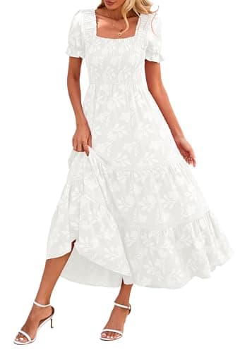 Lazysmile Women's Summer Boho Floral Maxi Dress Short Sleeve Square Neck Smocked Ruffle Elegant Wedding Guest Dress White - Image 1