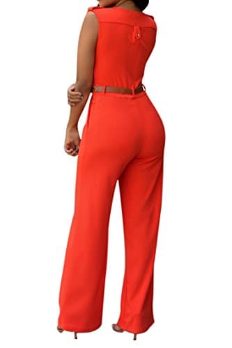 Pink Queen Women's Casual V Neck Wrap Long Pants Club Jumpsuits Rompers Belted with Pockets L Orange - Thumbnail 3