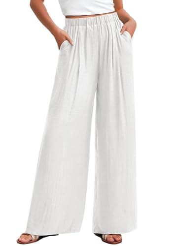 KIRUNDO Wide Leg Pants for Women Summer Flowy Elastic Waist Palazzo Pants Lounge Trousers with Pockets Beach Vacation Outfits(White, X-Large) - Image 1