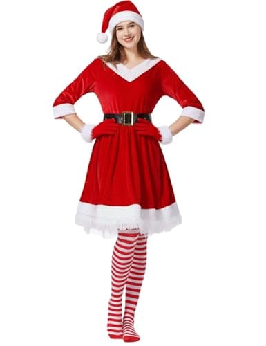 Kofero Mrs. Claus Costume for Women Christmas Santa Costume Dress Adult Plus Size Miss 5PCS Red Cosplay Outfit Xmas Party