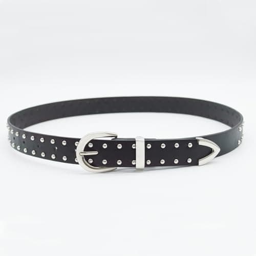 EONTISO Women Studded Leather Belt for Jeans, Punk Fashion Silver Rivets, Western Studded Black S - Thumbnail 5