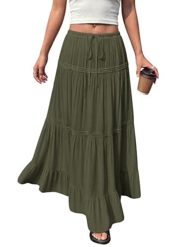 BTFBM Spring Skirts for Women 2026 Summer Boho Beach Vacation Clothes Casual Pleated High Waisted Flowy Maxi Skirt(Army Green, Medium) - Image 1