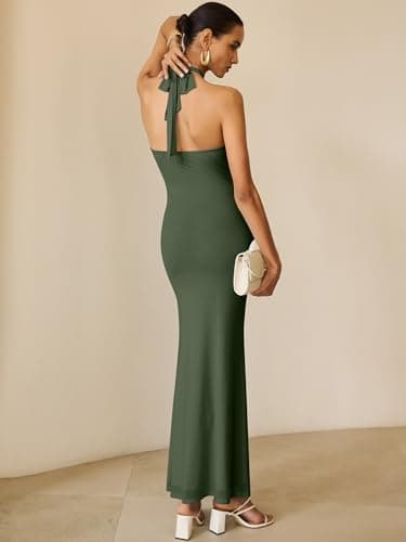 Prinbara Womens Halter Neck Bodycon Maxi Dresses 2026 Summer Mesh Backless Elegant Formal Wedding Guest Party Club Long Dress Army Green Medium - Thumbnail 6