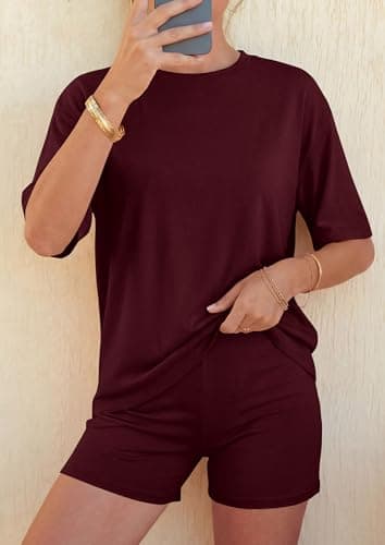 PRETTYGARDEN 2026 Women's Summer 2 Piece Sets Casual Lounge Set Short Sleeve Tops Shirts Shorts Travel Beach Vacation Outfits (Burgundy,X-Small) - Thumbnail 2