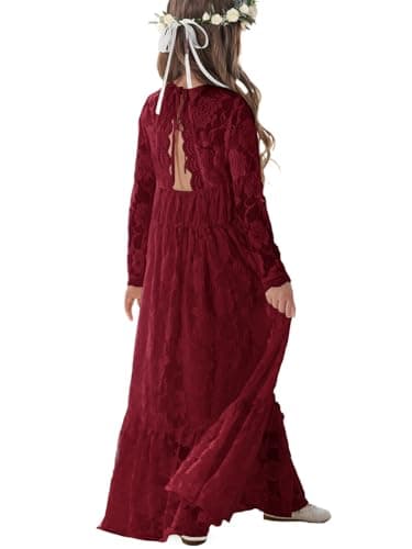 ALLOVIN Toddler & Girls Long Sleeve Lace Flower Girl Dress Maxi Boho A-Line Dress for Wedding Baptism 1st Communion | Burgundy | 10-11Y - Image 1