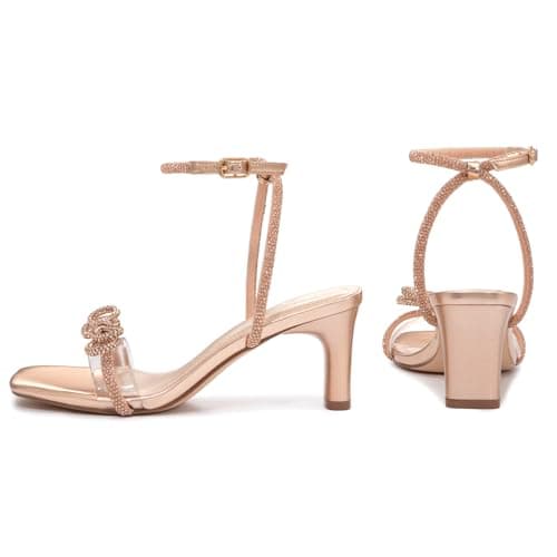 Athlefit Women's Rhinestone Bow Heels Open Square Toe Block Low Heel Sandals Dressy Buckle Heeled Champagne Prom Heels Size 7 - Thumbnail 6