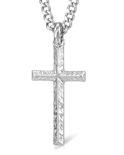 Cross Necklace for Men, Solid 925 Sterling Silver Chiseled Textured Pendant, 3.5mm Stainless Steel Cuban Chain 20", Men's Jewelry Fathers Day Birthday Gifts for Him, Christian Baptism Gifts for Son - Image 1