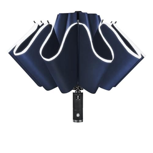 Lejorain Compact Inverted Reflective Umbrella - Automatic Folding Reverse LED Umbrella Travel Windproof Umbrellas for Rain