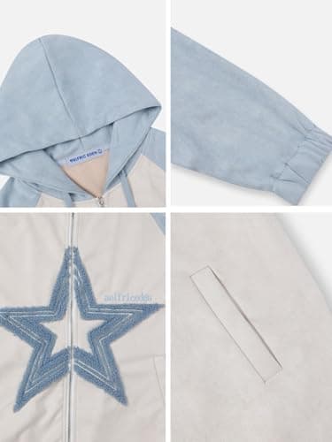 Aelfric Eden Suede Star Patchwork Full Zip Up Hoodie Oversized Graphic Hoodies Y2K Hooded Casual Sweatshirts Jackets - Thumbnail 3