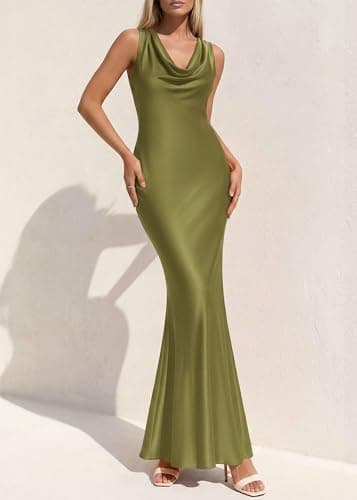 KIRUNDO Womens Summer Cowl Neck Sleeveless Satin Maxi Dress Elegant Bodycon Cocktail Wedding Guest Party Long Dresses(Army Green, X-Large) - Thumbnail 4