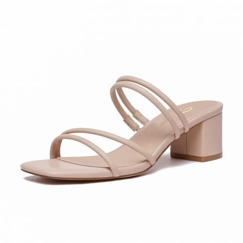 Athlefit Chunky Heels Sandals for Women Square Open Toe Slip On Heels Sexy Double Strap Block Nude Heels Sandals Size 7 - Image 1