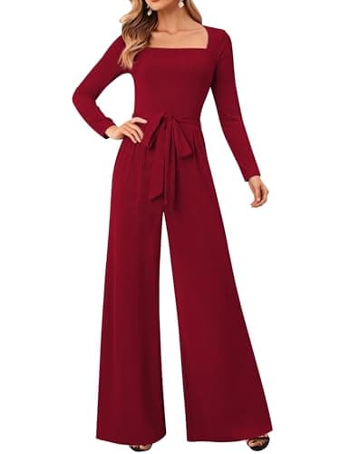LOOKBOHO Jumpsuits For Women Casual Dressy Wide leg Pants Square Neck Long Sleeve Jumpsuits Elegant Belted Long Rompers Wine Red S - Image 1