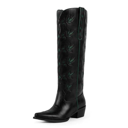 QIY Cowboy Boots for Women Knee High Womens Cowgirl Boots Nashville Pointed Toe Chunky Heel Cow Girl Black Western Boot Size 6 - Image 1