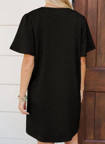 BLENCOT Womens Summer Chic Loose Dress Split V Neck Flutter Short Sleeve Embossed Textured Casual Swing Mini Dress Black XL - Thumbnail 5