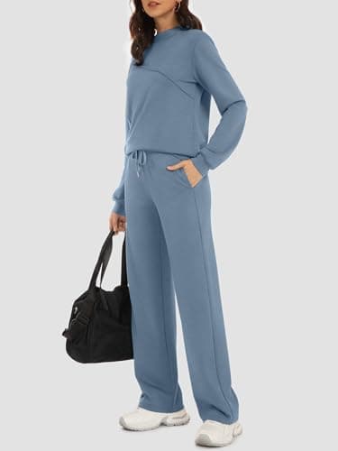 Casly Lamiit Womens Loungewear Set Two Piece Casual Outfits Mock Neck Pullover Tops Wide Leg Sweatpants Sets 2026 Fall Winter Chothes Blue Grey M - Thumbnail 3