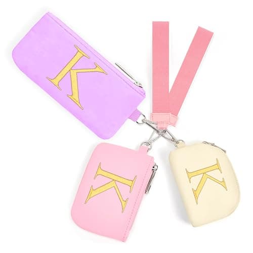Mini Zip Around Keychain Wristlet Wallets for Women and Girls: Three Coin Purses with 2 Straps - Best Gifts for Birthdays, Christmas, Wedding Parties, Valentine's Day, New Year (K, Purle&Pink&Cream)