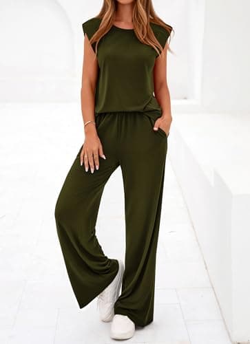 BTFBM 2 Piece Sets for Women Spring 2026 Casual Shoulder Pad Tank Top Wide Leg Pants Matching Set Travel Airport Outfits(Army Green, Small) - Thumbnail 5