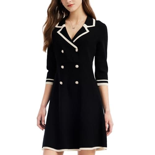 GOELIA Mini Sweater Dress for Women, Button up 3/4 Sleeve Knit Dresses for Teacher Work Business Black - Image 1
