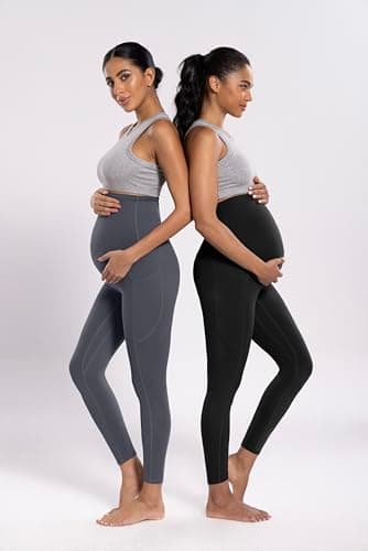 POSHDIVAH Women's Maternity Workout Leggings with Pockets Over The Belly Pregnancy Soft Active Wear Yoga Pants Grey Small - Thumbnail 6