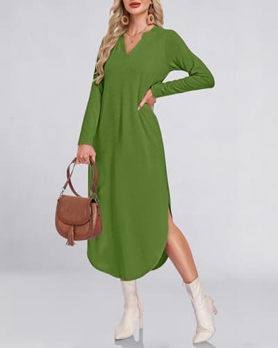 MISFAY Fall Maxi Dresses for Women 2026 Casual V Neck Long Sleeve Split Dress Loose Shirt Dress Solid Outfits with Pockets(Army Green,S) - Thumbnail 2