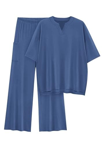 KIRUNDO Womens 2 Piece Matching Lounge Set Airport Travel Vacation Summer Outfits Oversized Short Sleeve Tops Wide Leg Pants(Blue, Small) - Image 1