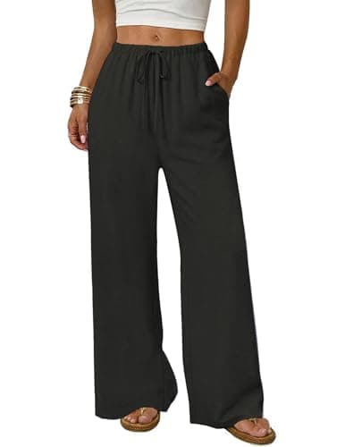 LOOKBOHO Women's Wide Leg 2026 Beach Pants Elastic Waist Lightweight Casual Flowy Palazzo Lounge Trousers with Pockets Black L - Image 1