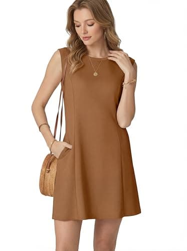 HiMONE Womens Sleeveless Mini Dress Casual A Line Crew Neck Summer Daily Wear Comfortable Fit(Camel-L) - Thumbnail 6