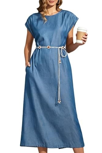 Women's Summer Denim Blue Casual Cap Sleeve Back Split Shift Elegant Office Rayon Pockets Dress with Decorative Waist Chain Ladies Straight Calf Length Work Business Vocation Holiday Dresses - Image 1