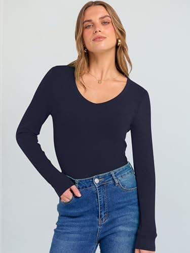ANRABESS Long Sleeve V Neck Shirts for Women Navy Blue L - Thumbnail 2