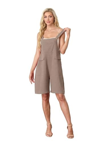 HiMONE Womens Casual Rompers For Women Sleeveless Short Jumpsuit Adjustable Overalls For Summer (Light Khaki-XL) - Thumbnail 3