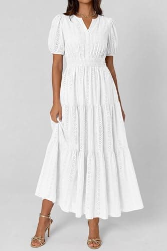 PRETTYGARDEN Womens Summer Maxi Dresses 2026 Casual Puff Sleeve V Neck Smocked Flowy Eyelet Cotton Dress Spring Sundress(White,XX-Large) - Thumbnail 4