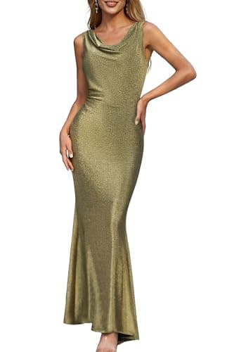 Lesuxa Women's Formal Dresses for Wedding Guest,Cowl Neck Bodycon Dress,Mermaid Evening Gowns Cocktail Dresses for Women Formal (Small, Gold) - Image 1