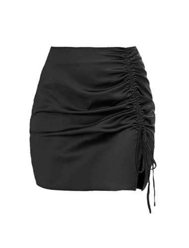 ZAFUL Women Satin Mini Skirts Sexy High Waisted Ruched Silk Bodycon Split Zipper Short Skirt (Black, M) - Image 1