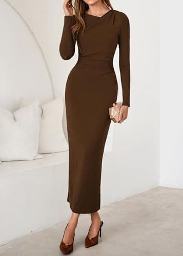 Lazysmile Women's Long Sleeve Asymmetrical Neck Bodycon Maxi Dress Back Slit Ruched Party Cocktail Wedding Guest Dressees Brown - Thumbnail 5