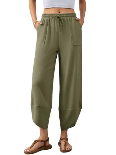 Jiflora Womens Flowy Linen Pants Wide Leg Palazzo Drawstring Elastic Waist Trousers with Pockets Beach Green 01 M - Image 1